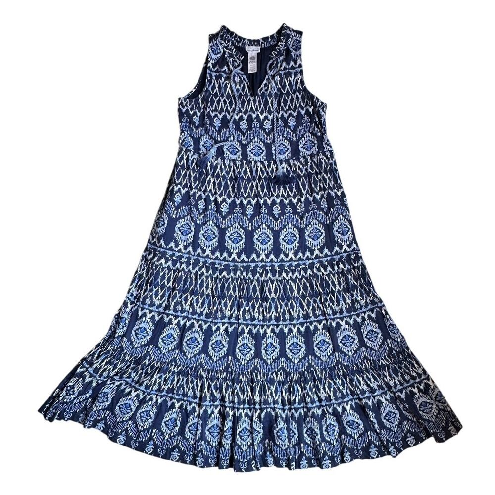 Tommy Bahama Cotton Blue Ikat Tassel Tie Sleeveless Dress Boho Coastal Ruffle S - Picture 2 of 9